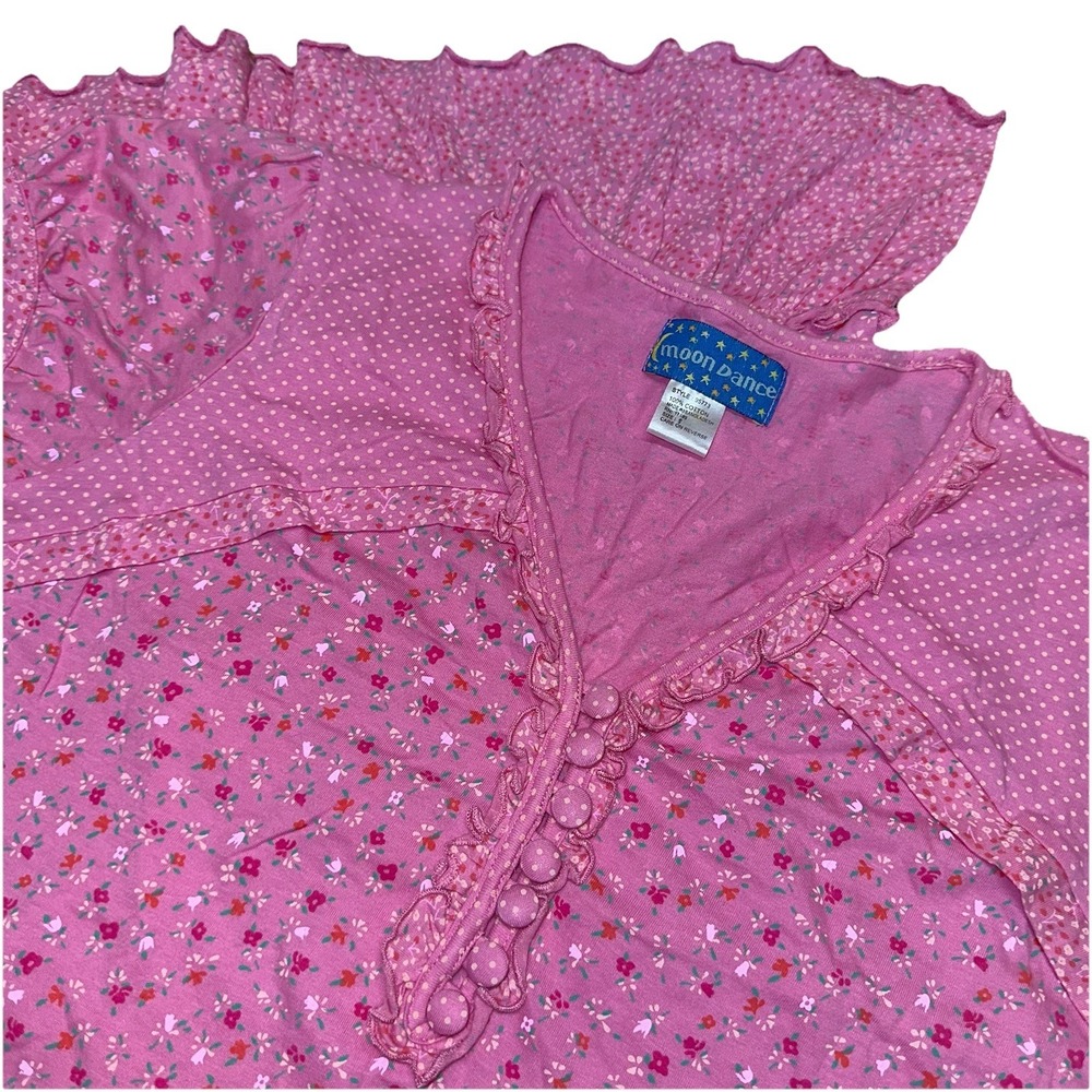 Vintage Y2K Moon Dance Pink‎ Floral Cotton Ruffle Short Nightgown Women's S Flaw
